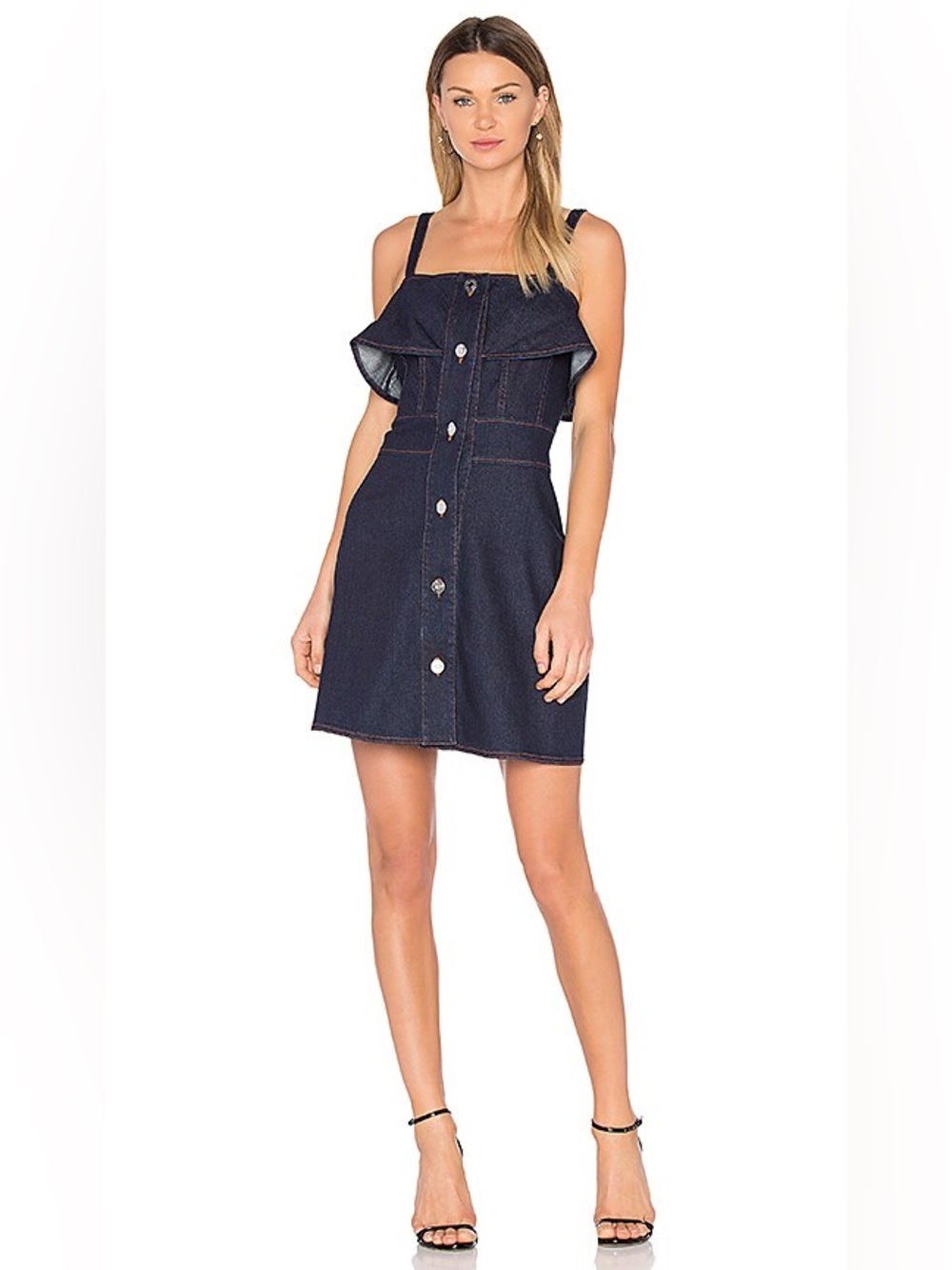 See By Chloé Ruffle Denim A-Line Mini Dress Size 42 US Small in Indigo Blue